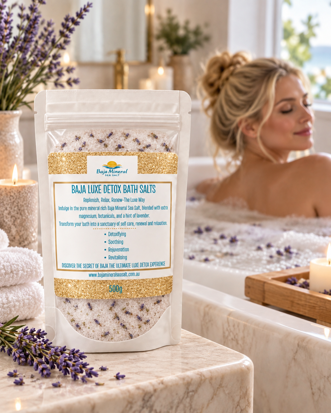 A stand-up pouch of Baja Luxe Detox Bath Salts sits on a marble surface in a spa-like bathroom scene, with a woman relaxing in a bubble bath blurred in the background. Lavender stems and candles are visible around the product.