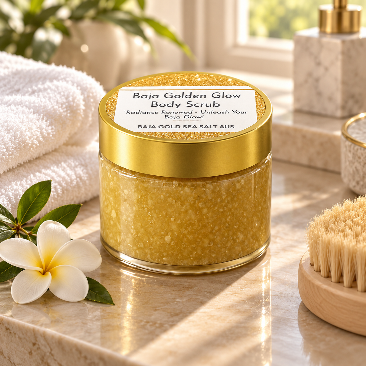 A jar of Baja Golden Glow Body Scrub with a gold lid and white label, set on a marble bathroom counter with a white towel, flower, and wooden brush nearby.