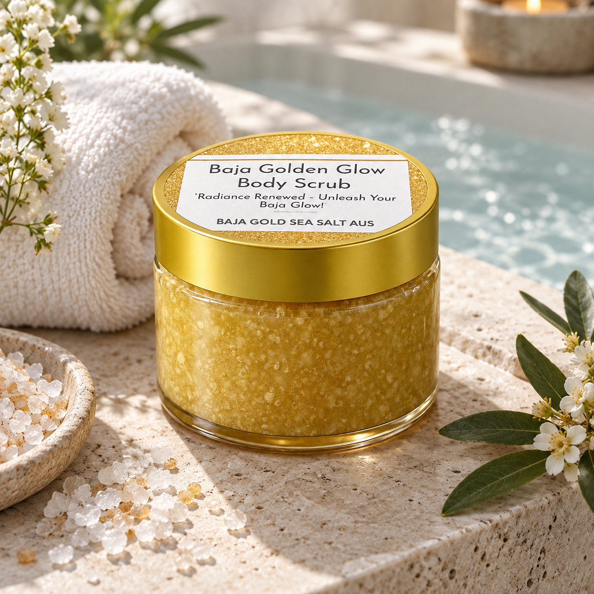 A jar of Baja Golden Glow Body Scrub sits on a stone surface beside a rolled white towel, scattered sea salt, and small white flowers. The jar has a gold lid and a white label reading 'Baja Golden Glow Body Scrub' and 'BAJA GOLD SEA SALT AUS'.