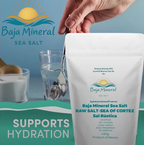A hand holds a metal spoon over a clear glass of water next to a white stand-up pouch of Baja Mineral Sea Salt. The background is a light blue graphic with the Baja Mineral Sea Salt logo and the text 'SUPPORTS HYDRATION'.
